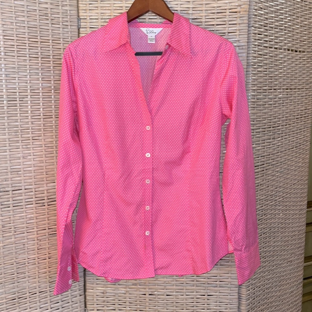 Lilly Pulitzer Blouse Pink & White Polka Dot Size 14 NWB